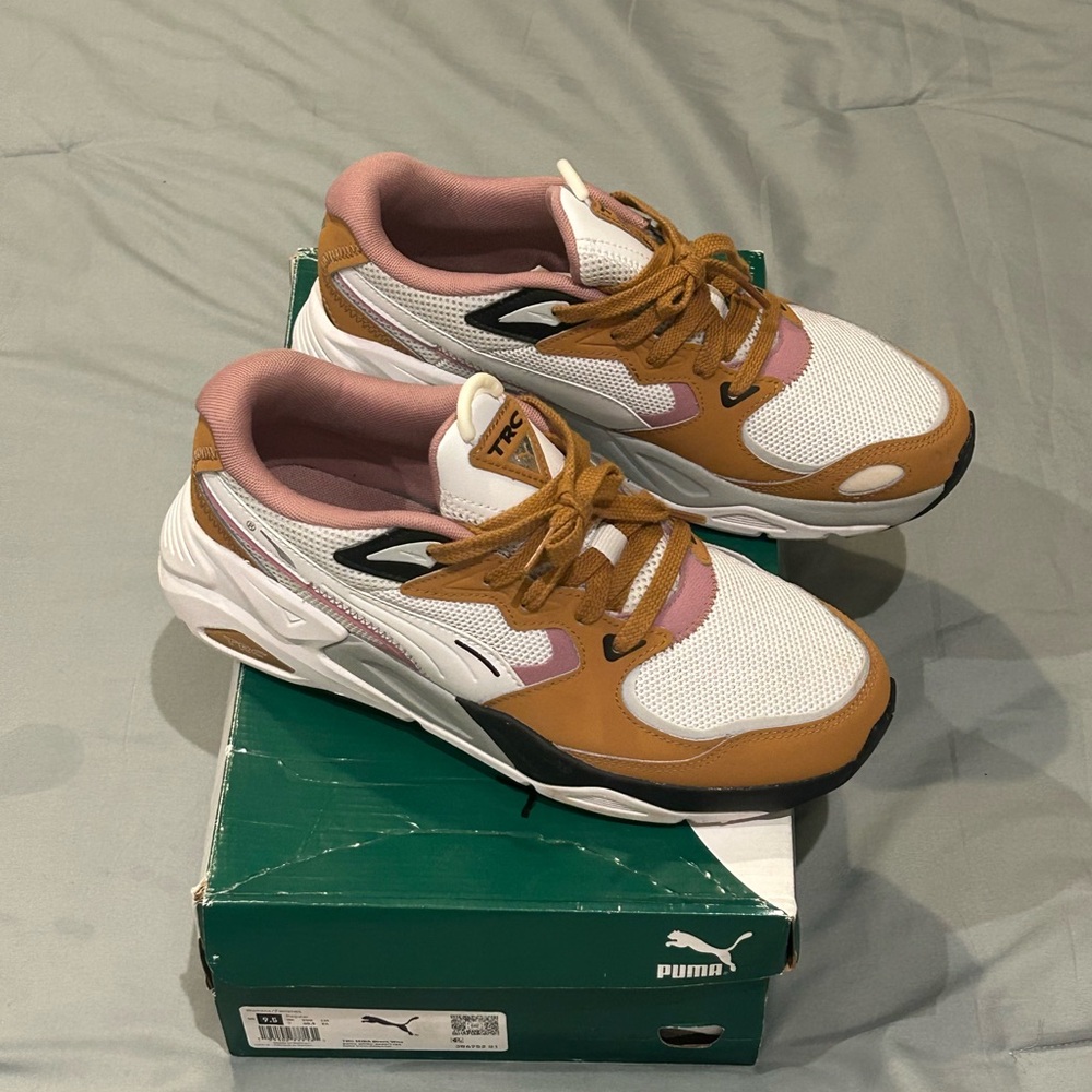 Puma White and Brown Sneakers with Pink Highlights